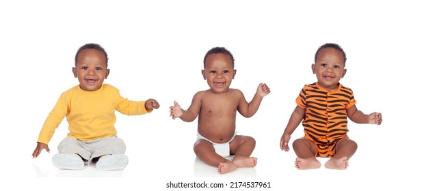 African Triplets Brothers Playing Isolated On A White Background