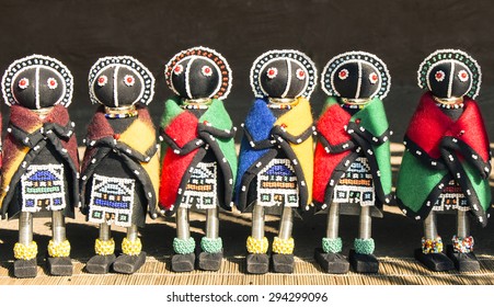 African Unique Traditional Handmade Colorful Beads Rag Dolls. Local Craft Market In South Africa.