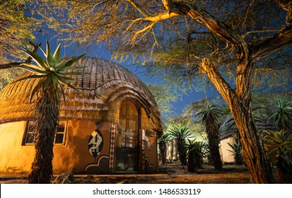 African Village At Night In Zululand, Kwazulu Natal, South Africa 