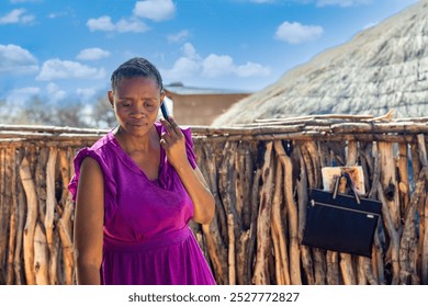 african village, single happy smiling woman with braids taking on the smartphone outdoors in the yard of her home - Powered by Shutterstock