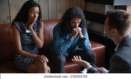 African Wife And Husband Turned To Marriage Counselor Save Marriage Prevent Divorce Listen Advice At Visit. Sexual Problem Treatment, Pathological Jealousy Struggle, Couple And Therapy Session Concept