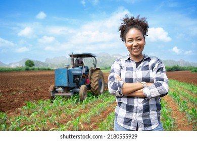 African woman Agriculture Farmer examining corn plant in field. Agricultural activity at cultivated land. Woman agronomist inspecting maize seedling.Expert inspect plant quality in green field rural. - Shutterstock ID 2180555929