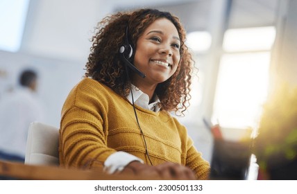 African woman, call center agent or smile with voip for consulting, listening or contact us in office. Female consultant, customer service or tech support crm with headphones, microphone or help desk - Shutterstock ID 2300501133