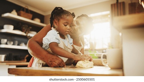 African woman, child and teaching with cooking, skills and nutrition as parents in home for education. Mother, kid and learning for youth development, growth and kitchen counter as family in bonding - Powered by Shutterstock