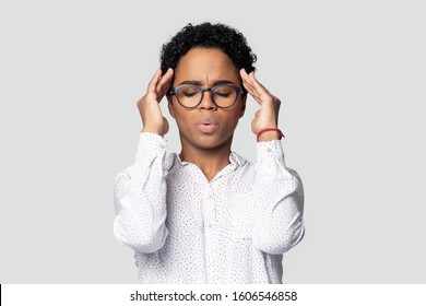 African Woman Closed Eyes Reduces Stress Make Breathing Exercise Inhaling Exhaling Touch Temples Having High Blood Pressure Need Remedy, Self-control Difficult Situation Concept, Pose Isolated On Gray