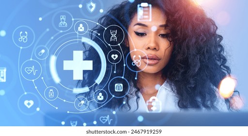 African woman doctor portrait, double exposure glowing cross and medical icons hologram. Online diagnosis and consultation. Concept of health care services and insurance - Powered by Shutterstock