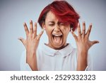 African woman, screaming and hair care in studio for mistake, texture and cosmetics with red dye. Girl, shouting and frustrated on gray background for hairdresser crisis, salon or transformation fail