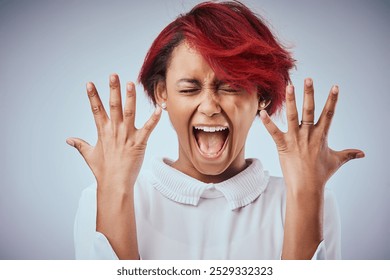 African woman, screaming and hair care in studio for mistake, texture and cosmetics with red dye. Girl, shouting and frustrated on gray background for hairdresser crisis, salon or transformation fail - Powered by Shutterstock