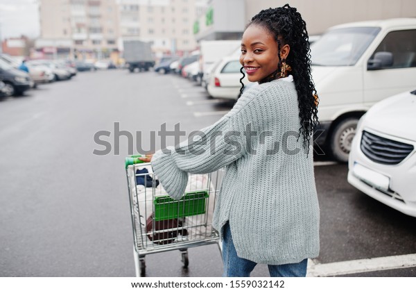 African Woman Shopping Cart Trolley Posed Stock Photo 1559032142 ...