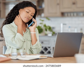 African woman, stress and phone call in home with laptop for internet, online and banking or finance. Technology, communication and female trader frustrated from debt, crisis and tax compliance - Powered by Shutterstock