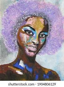 African Woman With Violet Hair. Portrait  In Street Style Hand Drawn Acrylic On Canvas. Black Lives Matter. Pop Art Style Picture. Acrylic Beauty African Woman. Modern Fashion Illustration. 