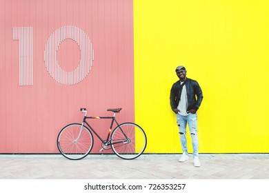 African Young Man With Fixed Gear Bicycle.