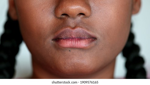 African Young Woman Mouth Shut. Lips Sealed, Macro Close-up, Casual Person