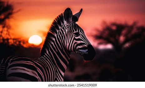 An African zebra stands against a vibrant golden sunset in a savannah environment