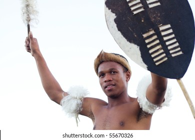 african zulu man holding traditional shield