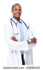 African-American black doctor man isolated white background.