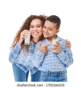 African-American Boy And His Mother With Milk On White Background