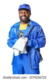 African-American Car Mechanic On White Background