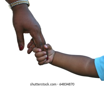 African-American family: child is holding mothers hand isolated on white
