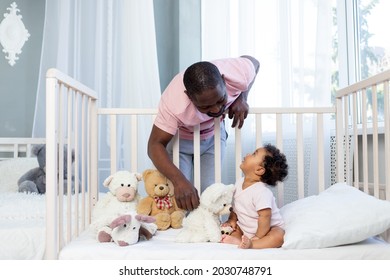 African-american Family, Dad And Baby Son Talking Or Playing In The Bedroom At Home, Happy Father