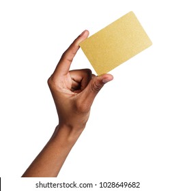 African-american Female Hand Holding Blank Plastic Credit Card Isolated On White Background, Closeup, Cutout