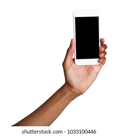 African-american Female Hand Holding Mobile Smart Phone With Blank Screen, Isolated On White Background. Copy Space For Advertisement Of Mobile App, Mockup