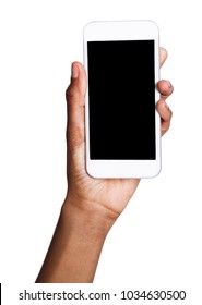 African-american Female Hand Holding Mobile Smart Phone With Blank Screen, Isolated On White Background. Copy Space For Advertisement Of Mobile App, Mockup