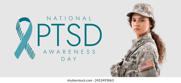African-American female soldier on light background. Banner for National PTSD Awareness Month - Powered by Shutterstock