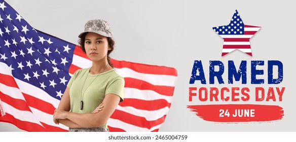 African-American female soldier with USA flag on light background. Banner for Armed Forces Day   - Powered by Shutterstock