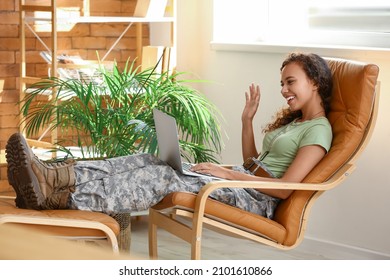 African-American Female Soldier Video Chatting With Family