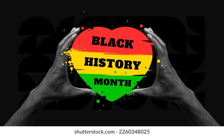 African-american history. Human hands holding colorful heart with red yellow green colors over black background. Black History Month. Banner, poster. Human rights, freedom, history, american culture