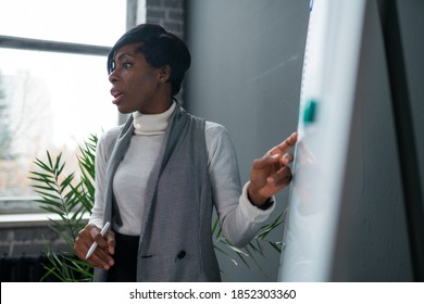 african-american lady business trainer coach leader give flip chart presentation consulting clients teaching employees training team strategy at marketing workshop concept