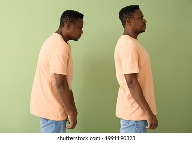 African-American Man With Bad And Proper Posture On Color Background