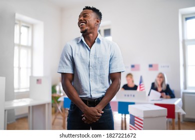 African-american Man Laughing In The Polling Place, Usa Elections.