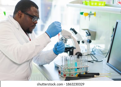 African-american man working in lab. Scientist doctor making medical research. Laboratory tools: microscope, test tubes, equipment. Biotechnology, chemistry, science, experiments and healthcare.