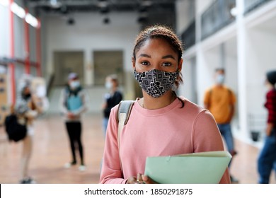 African-american Student With Face Mask Back At College Or University, Coronavirus Concept.