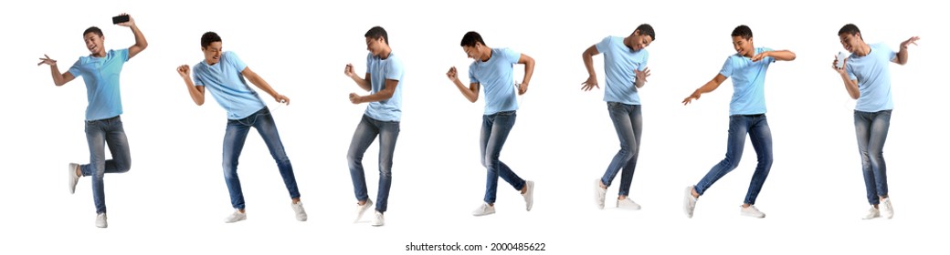 African-American teenager dancing against white background