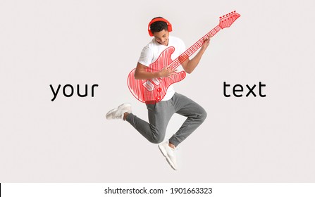 African-American Teenager Playing Guitar And Listening To Music Against Light Background With Place For Text