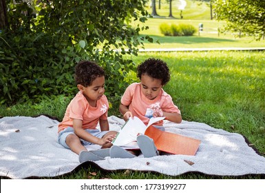 African-American Three Year Old Twin Boys Sit On Blanket In Park Turning Pages Of Book In Front Of Them