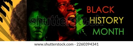 African-american woman and man over black background with red yellow green colors. Racial equality. Black History Month. Banner, poster. Concept of human rights, freedom, history, activism.
