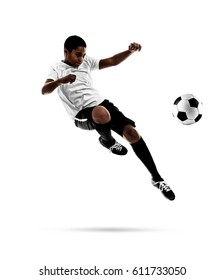 African-American youth football player on white background