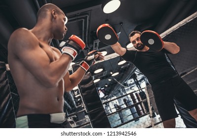 Afro American boxer in gloves is training with a coach in the boxing ring - Powered by Shutterstock