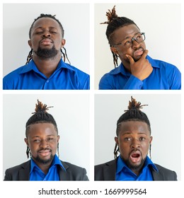 Afro American Businessman Portrait Set With Different Gestures And Face Expressions. Pensive, Happy, Shocked Young Man Studio Shot Collage. Multiscreen Montage, Split Screen Collage. Emotions Concept