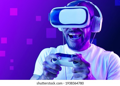 Afro American Man Wearing VR Glasses In Neon Light Against Purple Background