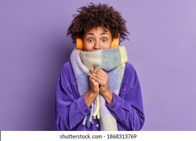 Afro American woman feels very cold during freezing weather wears purple jacket and warm scarf around neck wals on street during winter listens music via wireless headphones keeps hands together