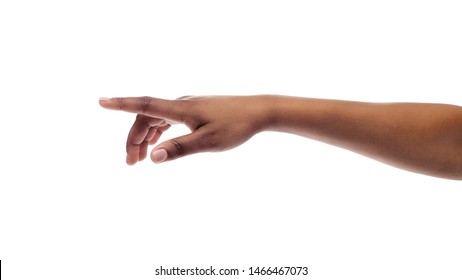 Afro girl's hand touching virtual screen isolated on white studio background. Free space, panorama
