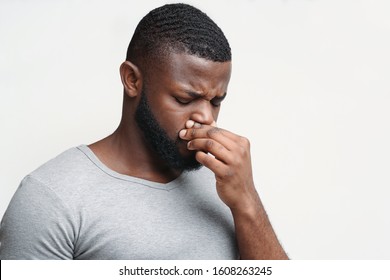 Afro Guy Touching His Nose, Having Runny Nose, Suffering From Seasonal Allergy, Copy Space
