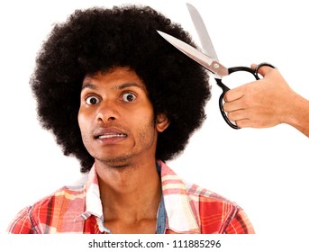 Afro Man Reluctant To Cut His Hair - Isolated Over A White Background