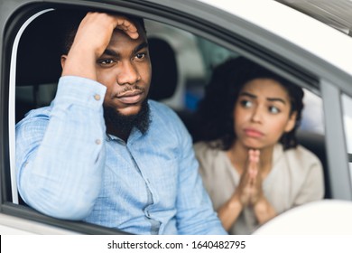 Afro Wife Asking Husband To Buy New Car Too Expensive For Their Family Budget Sitting In Auto In Dealership Store