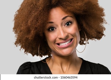 Afro Woman Face Closeup Fake Smiling